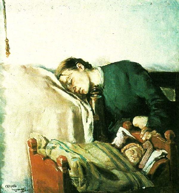 Christian Krohg sovende mor ved sit barns vugge